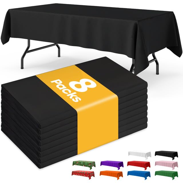 Image of Niuara Black Plastic Table Cloth - 8 Pack 54 inch x 108 inch Rectangle Disposable Tablecloths for 6FT Tables, Table Cover for Party, Holiday & Gathering Use