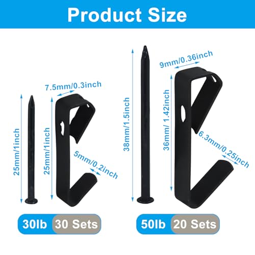 Image of Hordion 100pcs Picture Hanging Kit - 30lb, and 50lb Picture Hooks Metal Picture Hangers with Nails for Drywall Wooden Wall(Black)