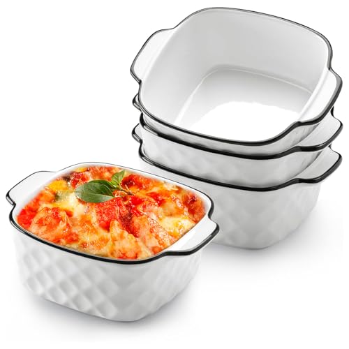 Juego de 4 cazuelas de cerámica de 400 ml, 14,5 x 11,5 x 5,5 cm, para freidora, moldes de cerámica con asas para freidora de aire caliente, horno, microondas