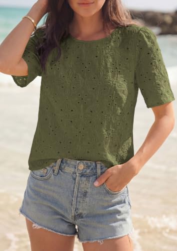 PRETTYGARDEN Women's Embroidered Eyelet Short Sleeve Blouse, Army Green,XL — view 6