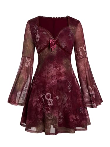 BEAUDRM Women's Plus Size Fall Hippie Boho Dress Lace Mini Dresses Burgundy