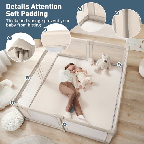 Image of Baby Playpen Portable, Pre-Assembled Play Pen 59x59 Large Foldable Playpen for Babies and Toddlers, Sturdy and Safe Toddler Play Yard Indoor Outdoor with Carry Bag,Khaki