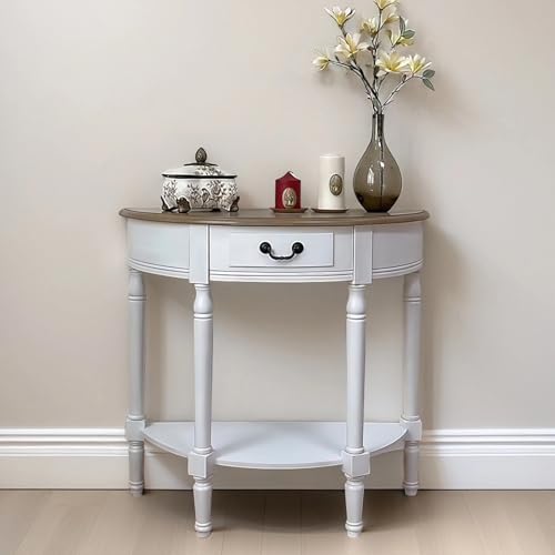 Mesa auxiliar tipo consola blanca con estructura metálica y superficie de madera para pasillo