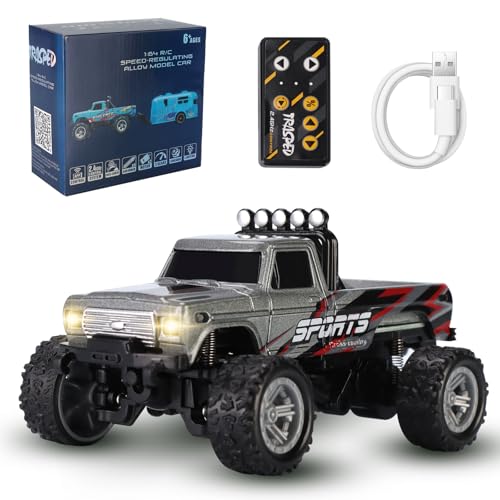 hehred Mini RC Truck,1:64 Scale Monster Truck Remote Control Car with Lights, 2.4Ghz Remote Control RC Car and Trailer, Speed and Steering Adjustable (Gray)