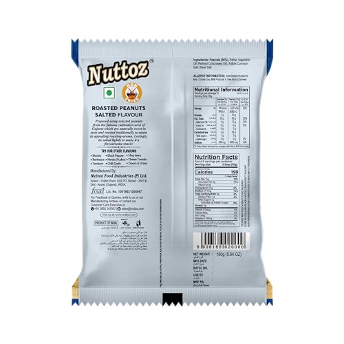 Image of Nuttoz Roasted Peanut Salted - Pack of 2 (160gm each) | Jumbo Roasted Moongfali | Non Fried Ready to Eat Healthy Snack | Crunchy Snack and Namkeen