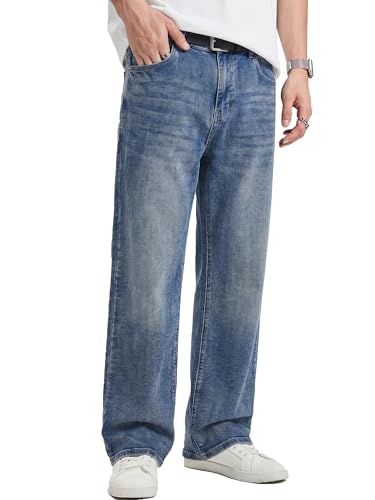 JMIERR Jeans Herren Baggy Baumwolle Weite Jeans Hose Herren Stretch Vintage Loose Fit - Bequeme Streetwear Freizeithosen Blau L