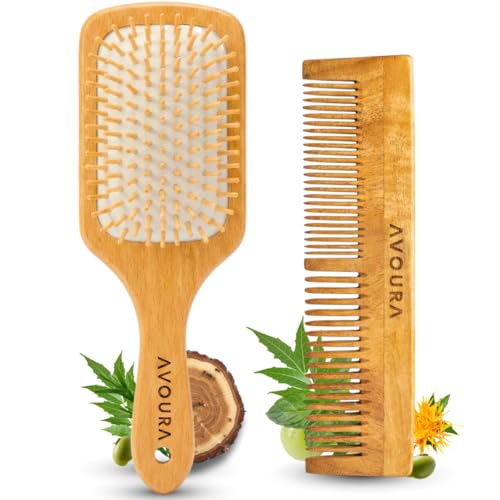 Image of Neem Wooden Hair Care Set (2-in-1), Soaked in 21+ Herbs Amla & Bhringraj Oils | Anti-Static Detangling, Reduces Dandruff, Frizz & Breakage (Wooden Hair Brush & Dual Tooth Comb)