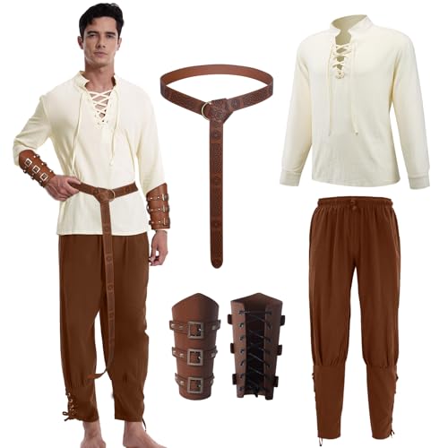 AFJIODUV Lot de 4 vêtements médiévaux pour homme - Costume Renaissance Viking pour homme - Avec...