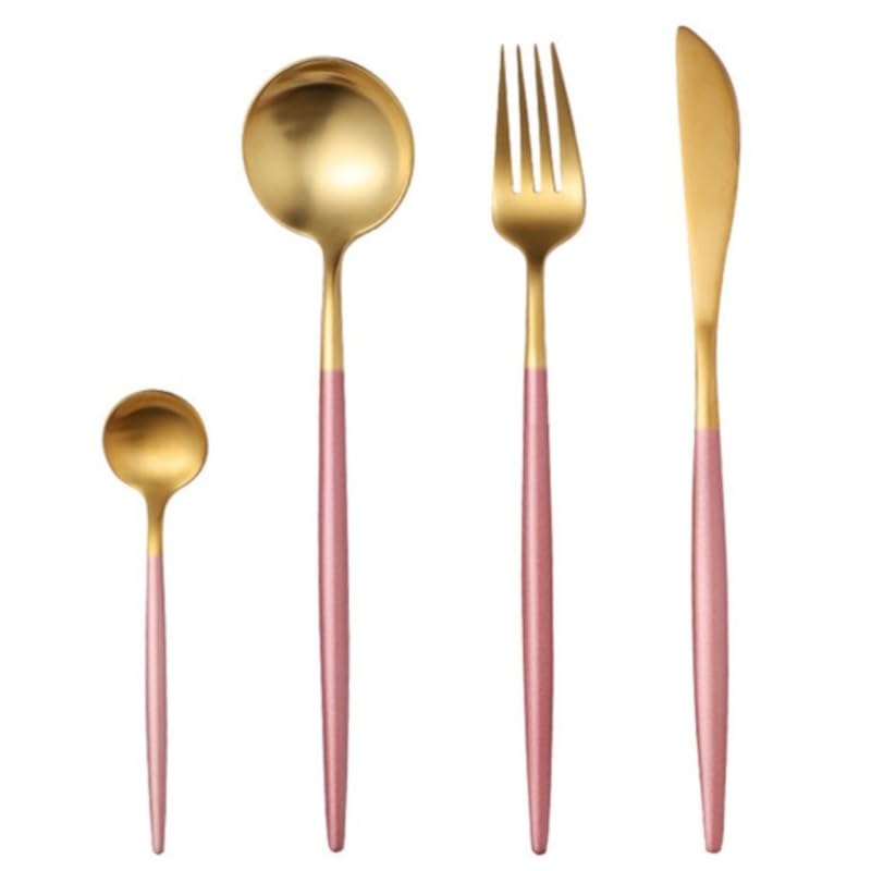 Image of aDai Premium Gold SUS304 Stainless Steel Cutlery Set - 2 Spoons, 1 Fork, 1 Steak Knife - Mirror Finish Dinnerware Flatware (Pink - Set of 4)