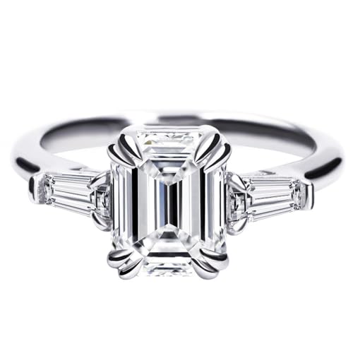 Moissanite Rings for Women, 3.0 Carat Sterling Silver 3 stone Moissanite ring GHI Color VVS Clarity Emerald Cut with 18K Real Gold Plated Engagement Ring Wedding Memorial Day Party Dress Costume Promise