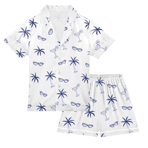 Coconut Tree Glasses Pattern Summer Satin Pajama Set, Cute Button-Down Sleepwear Pj Set for Sleep Wears
