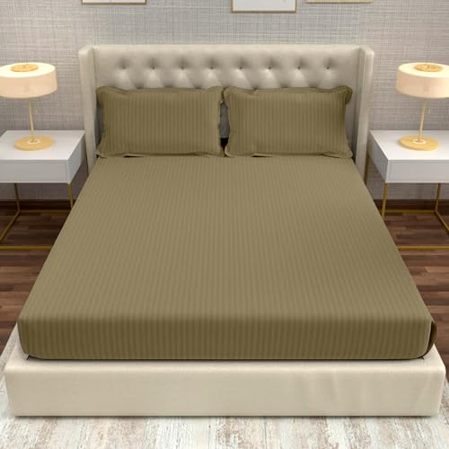 Image of Divine Casa 100% Cotton King Size Bedsheet Italian Stripe 210 TC | Soft Breathable Wrinkle Resistant Bed Sheet with 2 Pillow Covers | Luxury Bedding for Bedroom | 275 x 275 cm (Taupe, Striped)