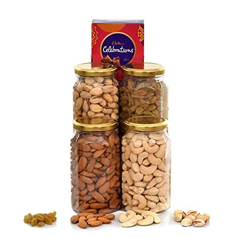 Image of NUTRI MIRACLE Rakhi Dry Fruit & Nut Gifts For Brother /Bhai With Fancy Designer Rakhis For Family,550gm