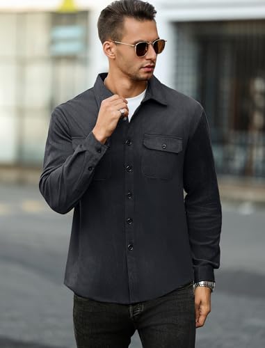 Image of ZAFUL Men's Faux Suede Button Down Shirts Jacket Lightweight Shirt Jacket Long Sleeve Work Coat Solid Color Overshirt
