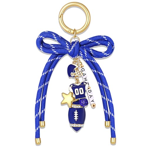 XOCARTIGE Football Bag Charms Keychains Nylon Rope Bow Game Day Purse Charms Football Mom Essentials Gears Cheer Mom Bag Accessories Fall Sports Must Haves Gifts (Blue White)