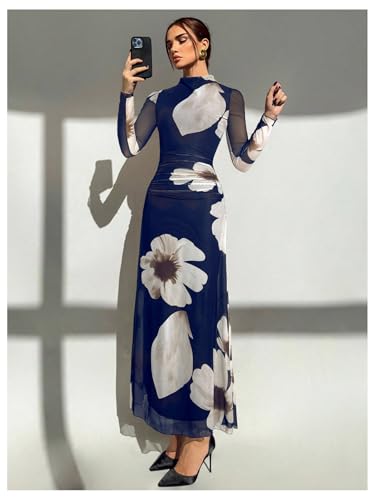 Image of Verdusa Women's Floral Wedding Guest Dress Long Sleeve Mesh Slimming Cocktail Vacation Maxi Dresses