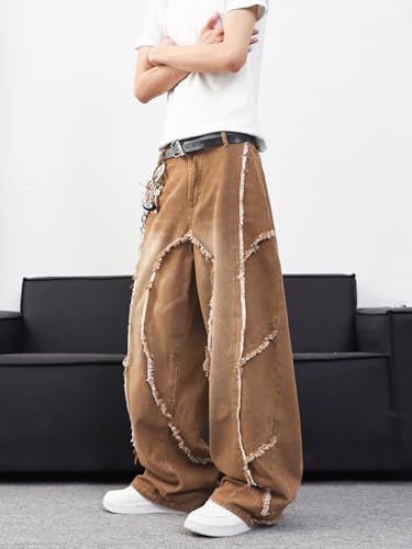 Mens Baggy Jeans Street Rock Style Fringe Frayed Edges Jeans Patchwork Wide Leg Skater Denim Pant4
