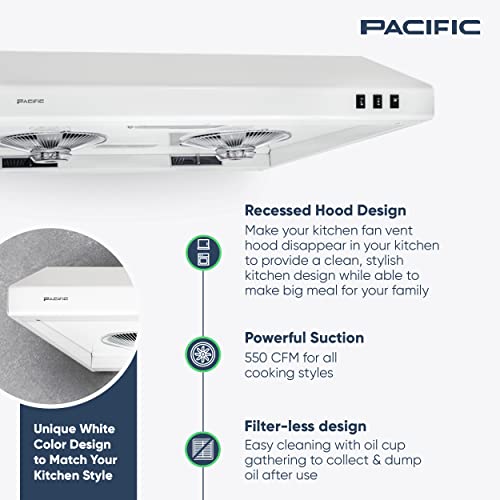 Pacific Economy Under Cabinet Ducted Range Hood 30 Inch - Cfm550 Powerful 2-Speed Wall Mount Kitchen Vent Hood - Electric Hood With Lighths, Filterless, White ‎Pr1230Bw #TOP1