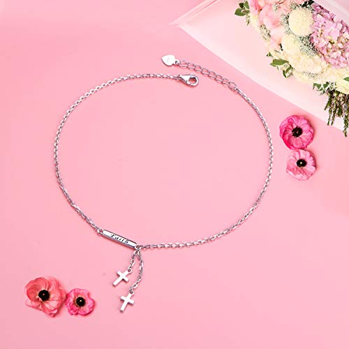 Flyow Cross Anklets Sterling Silver Double Sideways Cross Foot Ankle Bracelet Anklets For Women, 9+1 Inches #TOP2
