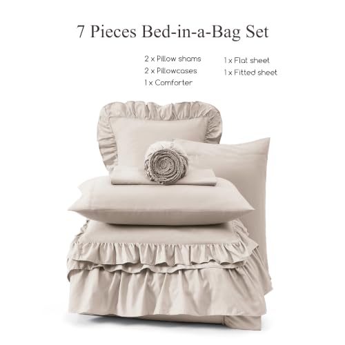 Image of AMBERSPACE Queen Comforter Set Beige Ruffle 7 Pieces Farmhouse Bed in a Bag