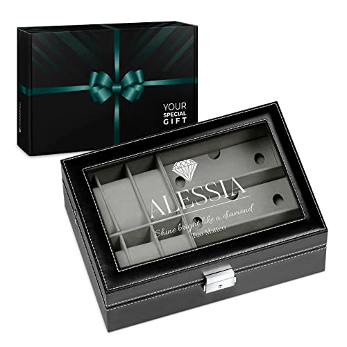 Maverton Scatola Porta Orologi ed Occhiali - 9 scomparti - 6 Orologi - 3 Paia di Occhiali - Esterno Similpelle Nera - Interno Velluto Grigio - Personalizzazione Incisa - per donna - Diamond