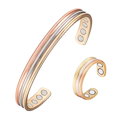 EnerMagiX Copper Bracelets for Women, 99% Pure Copper Set Tricolour Gold Adjustable Bracelet Ring, Magnetic Jewelry Present (0945SRG-0013)