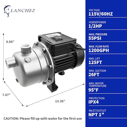 Image of LANCHEZ 1 /2 HP Shallow Well Pump, 960 GPH Stainless Steel Water Transfer Pump, 115V Garden Irrigation Pump, Water Booster Jet Pump for Home Garden Lawn Farm, Black