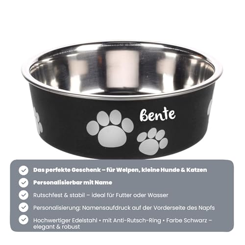 Hundenapf personalisiert aus Edelstahl XS 300 ml schwarz – Katzennapf – rutschfest, leicht & hygienisch – Futter- & Wassernapf mit Namen für kleine Hunde & Katzen