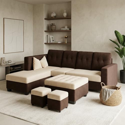 Image of FURNY Nathan 8 Seater L Shape Sofa Set LHS (Dark Brown-Cream) | Suede Velvet Finish | Durable Comfort Sofa for Modern Living Room & Office Spaces