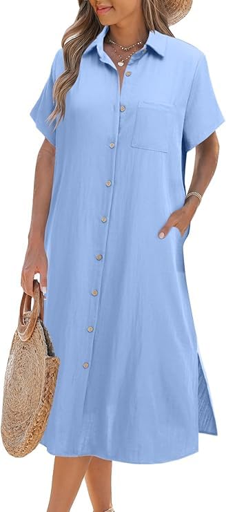 Robe chemise boutonnée bleu ciel manche courte avec poche été XL