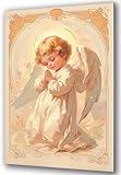 UVTECHPRINT Glasbild 23x36 cm aus 4 mm ESG Glas – Wandbild aus Echtglas mit religiösem Thema in Creme-Goldbeige, mit Darstellung eines betenden Engelkindes mit Heiligenschein
