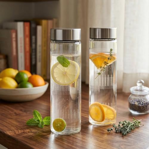 Image of CROCO JAR Wide Mouth Glass Water Bottle 750ml - Leak-Proof Airtight Double Layer Stainless Steel Lid, Durable Reusable Bottle For Water, Smoothies, Juices | Set of 2