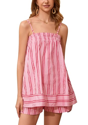 Women 2 Piece Lounge Set Striped Summer Pajama Set Sleeveless Peplum Cami Top and Wide Leg Shorts Set Beachwear