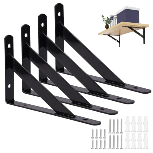 4 Piezas Soportes para Estantes Resistente, 150 x 95 mm Escuadra para Estanterías, Escuadras Metalicas con Tornillos, Soporte Estanteria pared Triangulares de 90 Grados Angular de Montaje (Negro)