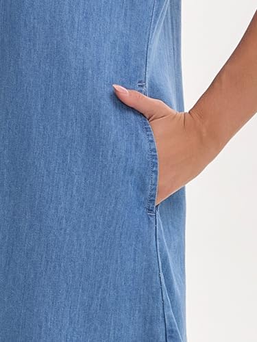 Image of Women's Midi Denim Dress Summer Short Sleeve Button Down Casual Loose Long Tunic Jean Shirt Dress