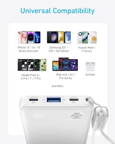 Image of Anker Power Bank, 10,000mAh Portable Charger with Built-in USB-C Cable and Lanyard, 22.5W Max Output with 2 USB-C and 1 USB-A Port, Battery Pack for iPhone 15 /14, Galaxy S23, iPad, AirPods, and More