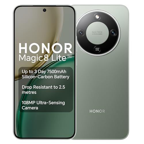HONOR Magic8 Lite 5G Smartphone, 108MP AI Camera, 7500mAh Three-Day Battery, 8GB RAM 512GB Storage, Ultra-Bounce Anti-Drop, IP68/IP69 Waterproof, Dual SIM, Android 16 Unlocked – Green