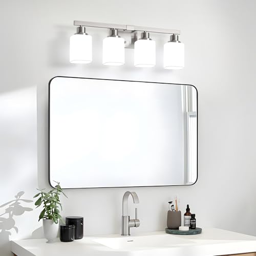 Image of 4-Light Bathroom Vanity Light,Brushed Nickel Vanity Lights with Square Frosted Glass,Modern Bathroom Wall Lights Fixtures Over Mirror,Wall Sconces Lighting for Bedroom Living Room,E26