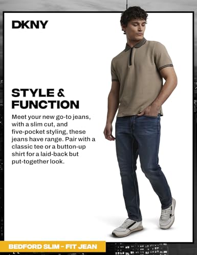 Image of DKNY Bedford Slim Fit Jeans for Men - Tapered Leg Stretch Denim Pants, Classic 5-Pocket Styling | Mens Slim Fit Jeans