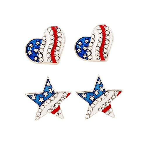 Soochat 4th of July Earrings American Flag Rhinestone Earrings for Patriotic Independence Day Women Ear Ornament Gift (Star, Heart, 2 Pairs)