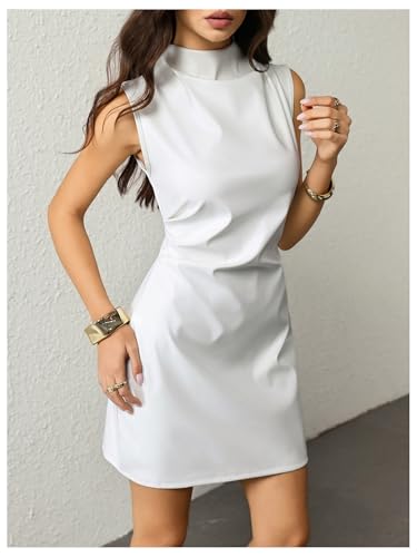 Image of RoseSeek Women's PU Leather Ruched Bodycon Dresses Mock Neck Sleeveless Zipper Mini Tank Dress