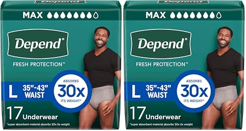 Depend FIT-Flex Incontinence Underwear for Men, Maximum Absorbency, Disposable, Large, Grey, 17 Count (Pack of 2)