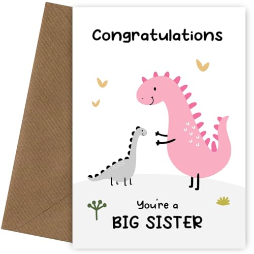Cartão de felicitação para irmã mais velha. Congratulations on Becoming a Big Sister from New Baby or Sibling - divertido cartão de felicitação temática de dinossauro