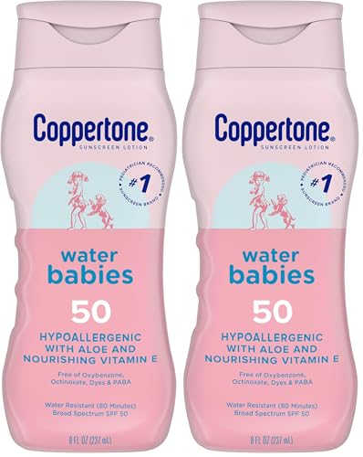 Image of Coppertone WaterBabies Baby Sunscreen Lotion SPF 50, Hypoallergenic Sunscreen for Babies, Water Resistant, Pediatrician Recommended, 8 Fl Oz Bottle (Pack of 2)