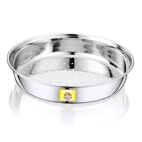 Image of Rakesh Gold Stainless Steel Colander & Strainer for Kitchen Use - Multi-Use Channi /Steel Chalni with Holes for Washing Rice, Fruits, Vegetables & Wheat (Regular Size) (Regular Size, Hole CHALNI)