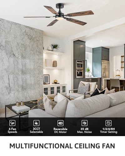 VONLUCE Ceiling Fans with Lights and Remote, 52 Inch Ceiling Fan with 5 Blades, Indoor Modern Ceiling Fan with Reversible DC Motor 6 Speeds for Bedroom Living Room Patio Farmhouse, Black Rustic Brown - Image 2