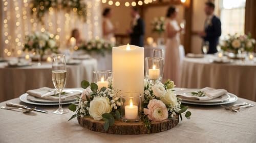 Image of Mikasa LED Wax Pillar Candle, 4x6 Inch White Wavy Flameless Candle with Dancing Flame Effect and 5-Hour Timer - Battery Operated Real Wax Candle for Home Decor