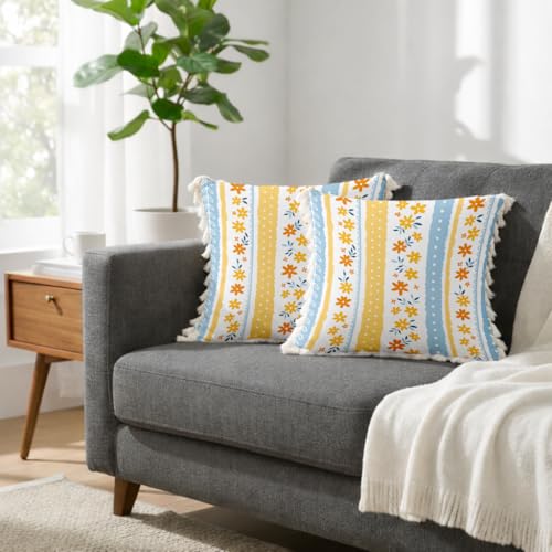 Image of STITCHNEST 'Little Meadow Series' Tassled Cushion Cover | Set of 2 | Floral Cushion Cover 16 inch x 16 inch