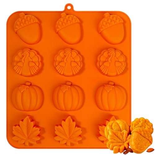 Kamehame Fall Silicone Mold Halloween Thanksgiving Fall Theme Silicone Mold Maple Leaf Acorn Pumpkin Turkey Shape Cake Pan for Cupcake Resin Candle Soap