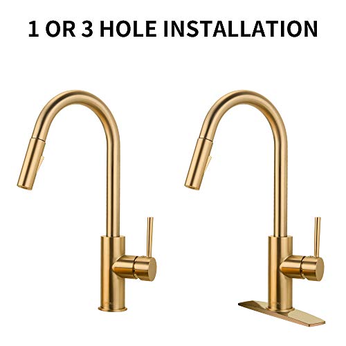 Forious Gold Kitchen Faucet With Pull Down Sprayer, Kitchen Faucet Sink Faucet With Pull Out Sprayer, Single Hole And 3 Hole Deck Mount, Single Handle Copper Kitchen Faucets, Champagne Bronze #TOP1